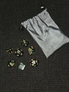 Green and Gold RPG Dice Set with Gray Drawstring Pouch